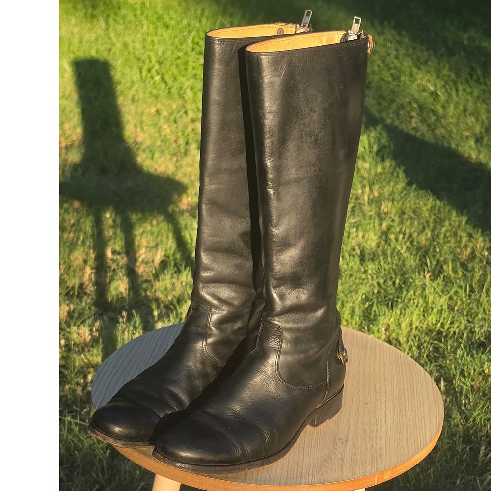 Frye Melissa Button Back Zip Black Leather Riding Boots 7B 77431